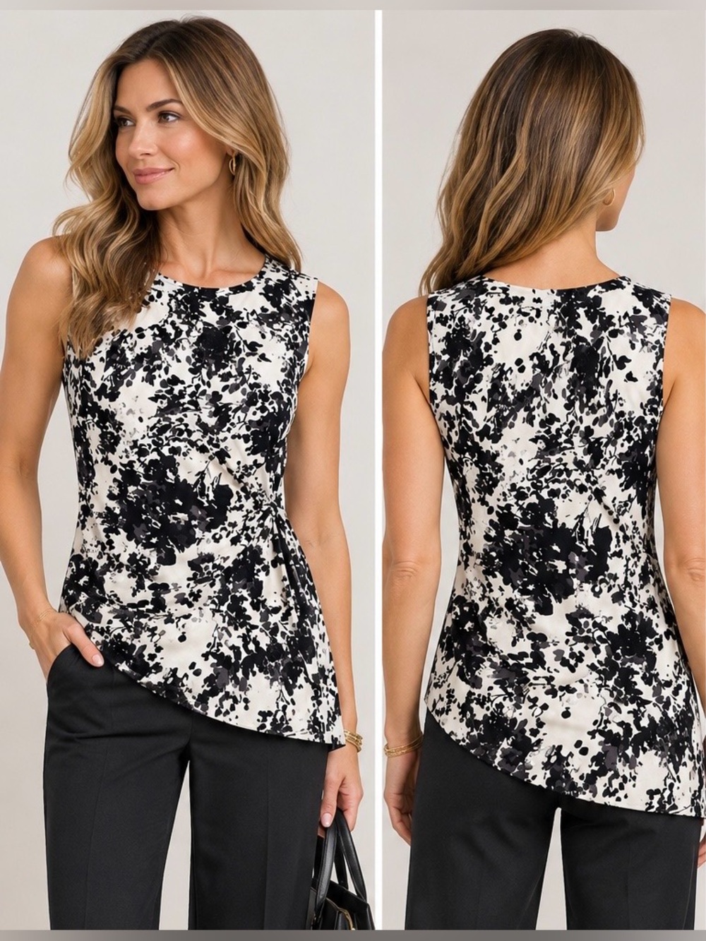 WHBM Floral Sleeveless Blouse in Black & White Size Small